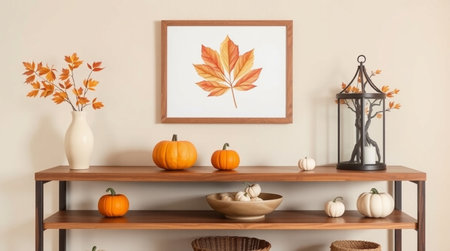 Autumn composition with pumpkins and leaves on wooden shelf near beige wallの写真素材