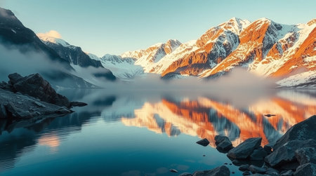 Mountain lake with reflection of snow-capped peaks and cloudsの写真素材