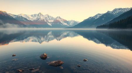 Mountain lake at sunrise. Canadian Rockies, Alberta, Canada.の写真素材