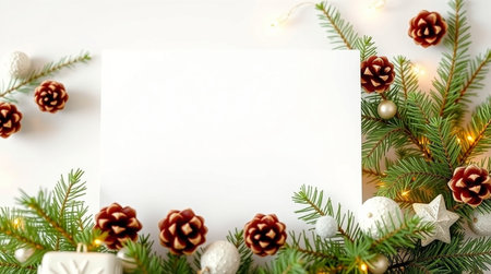 Christmas mockup with fir branches, cones and decorations on white background.の写真素材