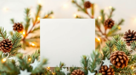 Christmas greeting card mockup with fir branches, pine cones and garland lights.の写真素材