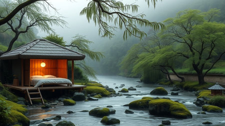 3D render of a Japanese house by the river in the forestの写真素材