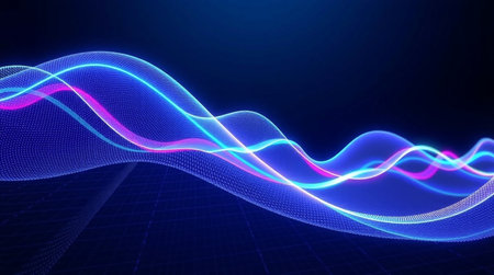 abstract 3d illustration of blue and purple wave with glowing particlesの写真素材