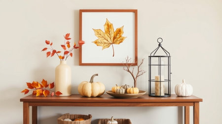 Autumn composition in scandinavian style with pumpkins and autumn leaves on the wooden shelf
