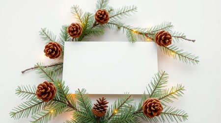 Christmas greeting card mockup with fir tree branches and pine cones on white background. Flat lay,...