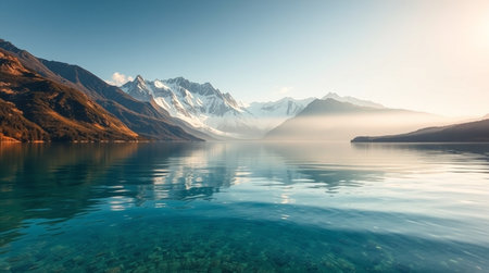 Panoramic view of a mountain lakeの写真素材