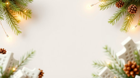 Christmas background with fir tree branches, garland and toy houses on white background