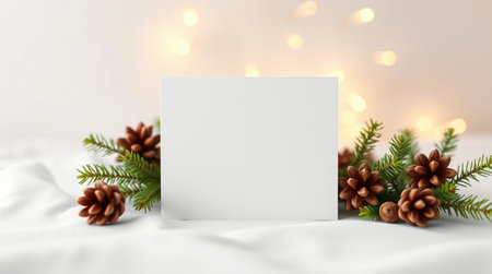 Christmas greeting card mockup with fir branches and pine cones. 3d renderingの写真素材