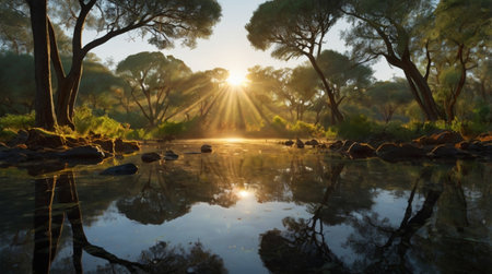 Sunset over the river in the Australian bush. 3d renderの写真素材