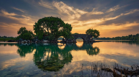 Sunset on the lake with a stone bridge in the foreground.