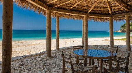 Wooden table and chairs under a straw umbrella on a tropical beachの写真素材