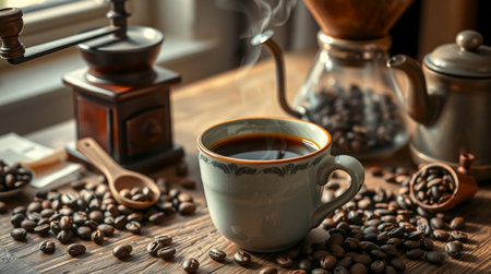 Coffee grinder, coffee beans and cup on wooden tableの写真素材