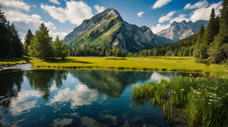 panoramic view of alpine lake and mountain range in summerの写真素材
