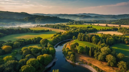 Aerial view of foggy morning landscape with river and forest.の写真素材