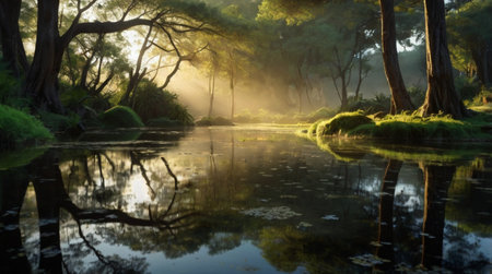 Reflection of trees in the lake at sunrise. Beautiful nature background.の写真素材