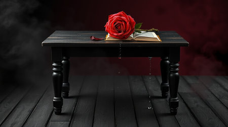 Wooden table with red rose and book on dark background with smokeの写真素材