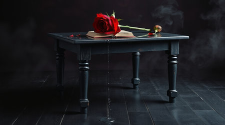 Red rose on a black table with a book and a cup of coffeeの写真素材
