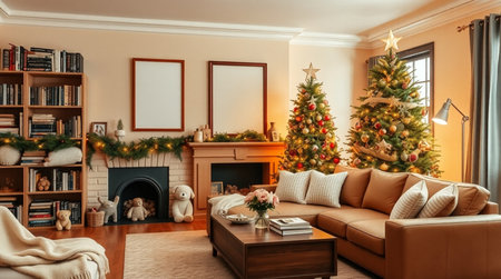 Interior of living room with Christmas tree, fireplace and comfortable sofaの写真素材