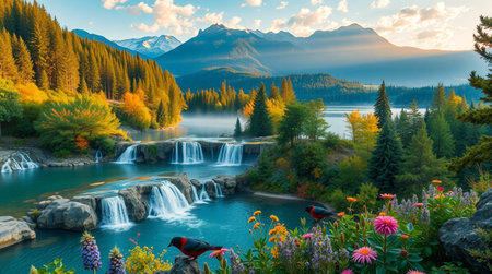 Autumn alpine landscape with lake and waterfall.の写真素材