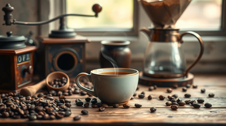 Coffee cup and coffee beans on a wooden table. Coffee backgroundの写真素材