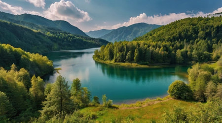 Panoramic view of the lake in Carpathian mountains.の写真素材