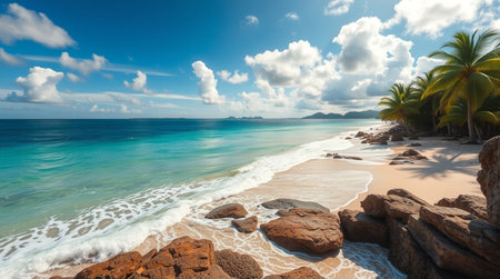 Panoramic view of beautiful beach at Seychelles.