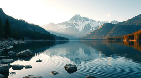 Mountain lake with reflection of snow-capped peaks in the water