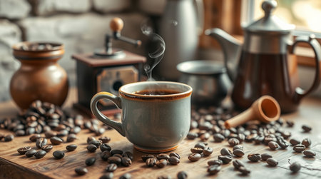 Cup of coffee and coffee beans on wooden table, closeupの写真素材