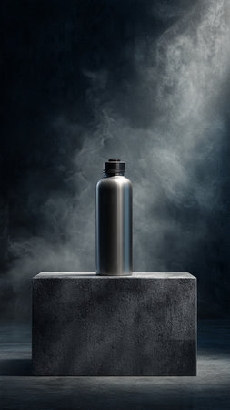bottle on concrete pedestal with smoke on dark blue backgroundの写真素材