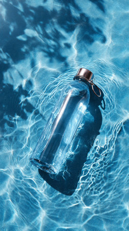 Bottle of water on blue water surface. Top view with copy spaceの写真素材