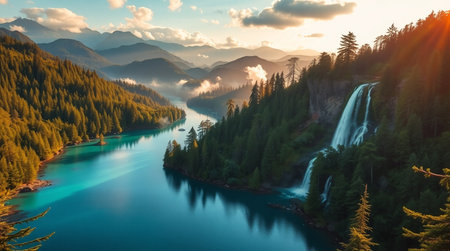 Mountain lake in the morning. Beautiful landscape with a waterfall.の写真素材