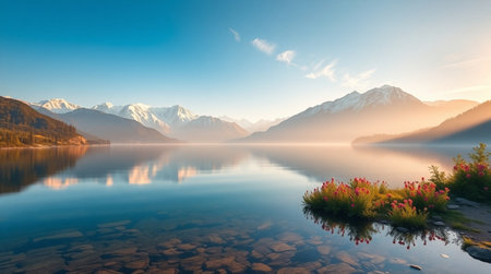 Mountain lake at sunrise. Beautiful natural landscape. Panorama.の写真素材