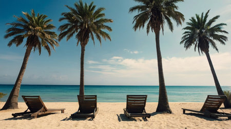 Beautiful tropical beach with palm trees and sun loungers.の写真素材