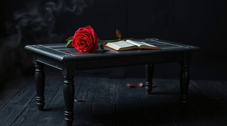 Red rose and a book on a wooden table. Black background.の写真素材