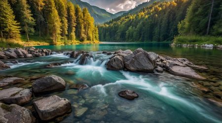 Beautiful mountain river in the Altai mountains, Russia. Long exposureの写真素材