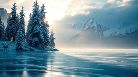 Fantastic winter landscape with frozen lake and snow covered mountains at sunsetの写真素材