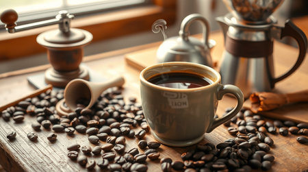 Coffee cup and coffee beans on wooden table, closeupの写真素材