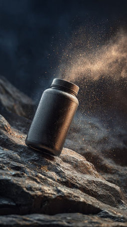 Black canister with dust on stone background.の写真素材