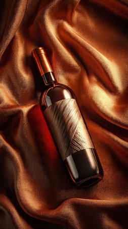 Bottle of red wine on golden satin background, closeupの写真素材