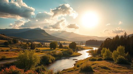 Panoramic view of the mountain river at sunset. Beautiful summer landscape.