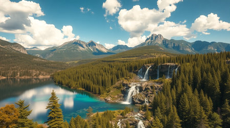 Panoramic view of turquoise lake in the Canadian Rockiesの写真素材