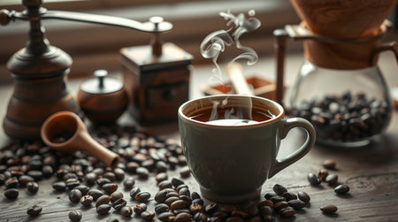 Coffee in a cup and saucer on an old backgroundの写真素材