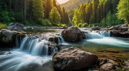 Mountain river with rocks and waterfalls. Beautiful summer landscape.の写真素材