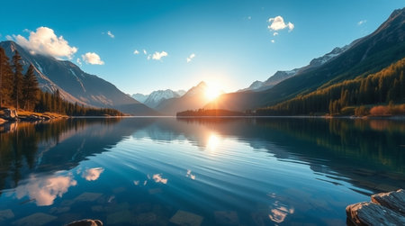 Mountain lake at sunrise. Canadian Rockies, Alberta, Canada.の写真素材