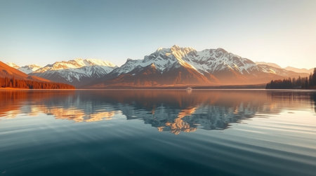 Mountain lake with reflection of mountains in the water at sunset.