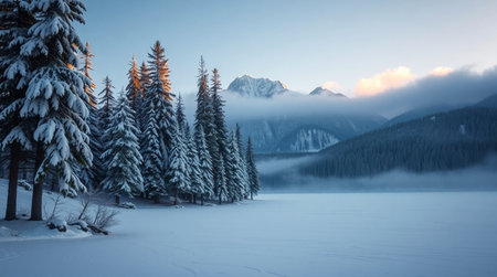 Mountain landscape with frozen lake and snow covered fir trees at sunriseの写真素材