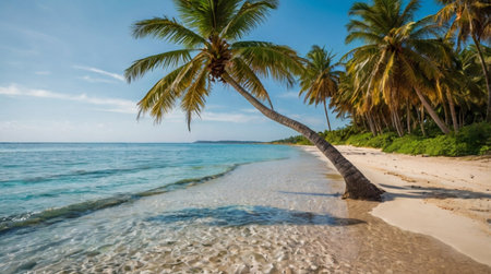 Beautiful tropical beach with coconut palm tree at Seychellesの写真素材