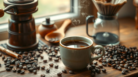 Cup of coffee with beans on wooden table near window, closeup