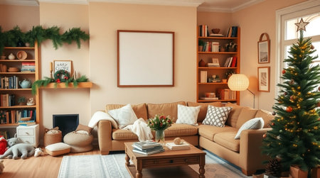 Living room interior with Christmas tree, sofa and bookshelf.の写真素材