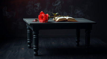 Red rose and book on black wooden table with smoke. 3d renderingの写真素材